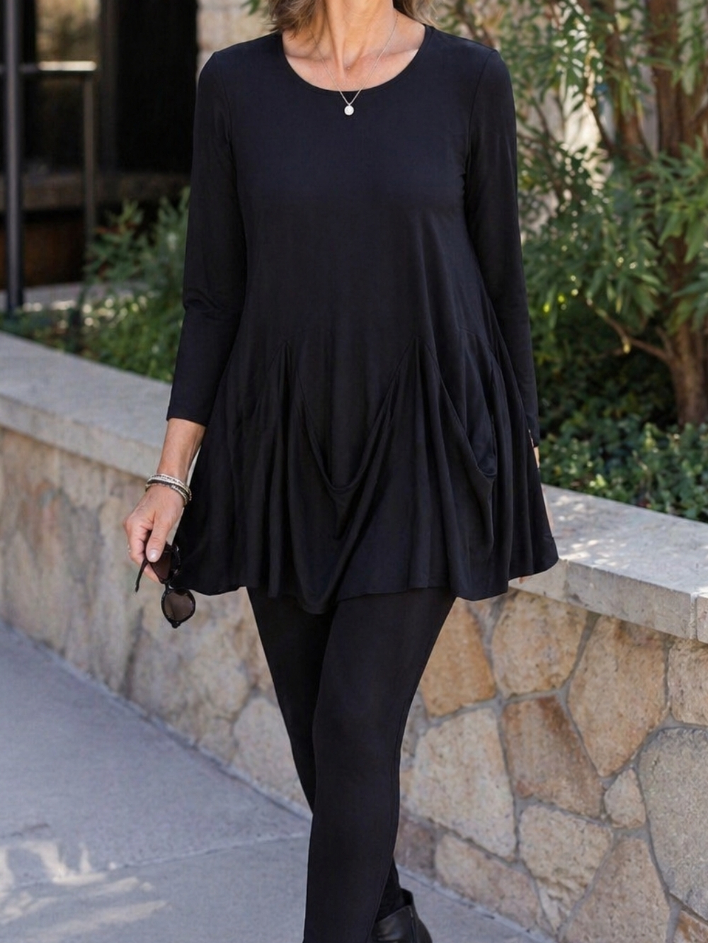 Sympli Black Draped Pleated Tunic Top Long Sleeve Stretch Minimalist Avant-Garde